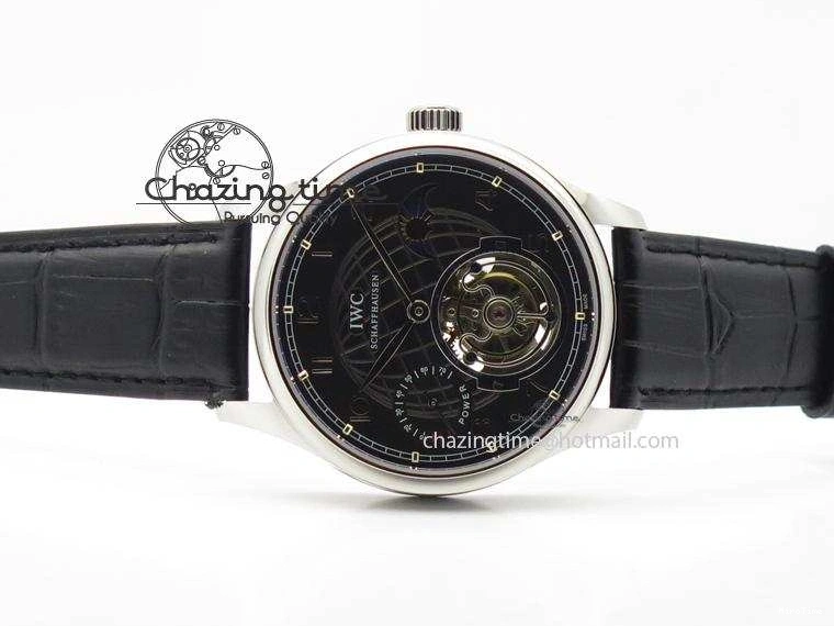 MIROTIME 0331 Portuguese Tourbillon Power Reserve Moonphase SS Black Dial On Black Leather Strap TechFriendly 7321